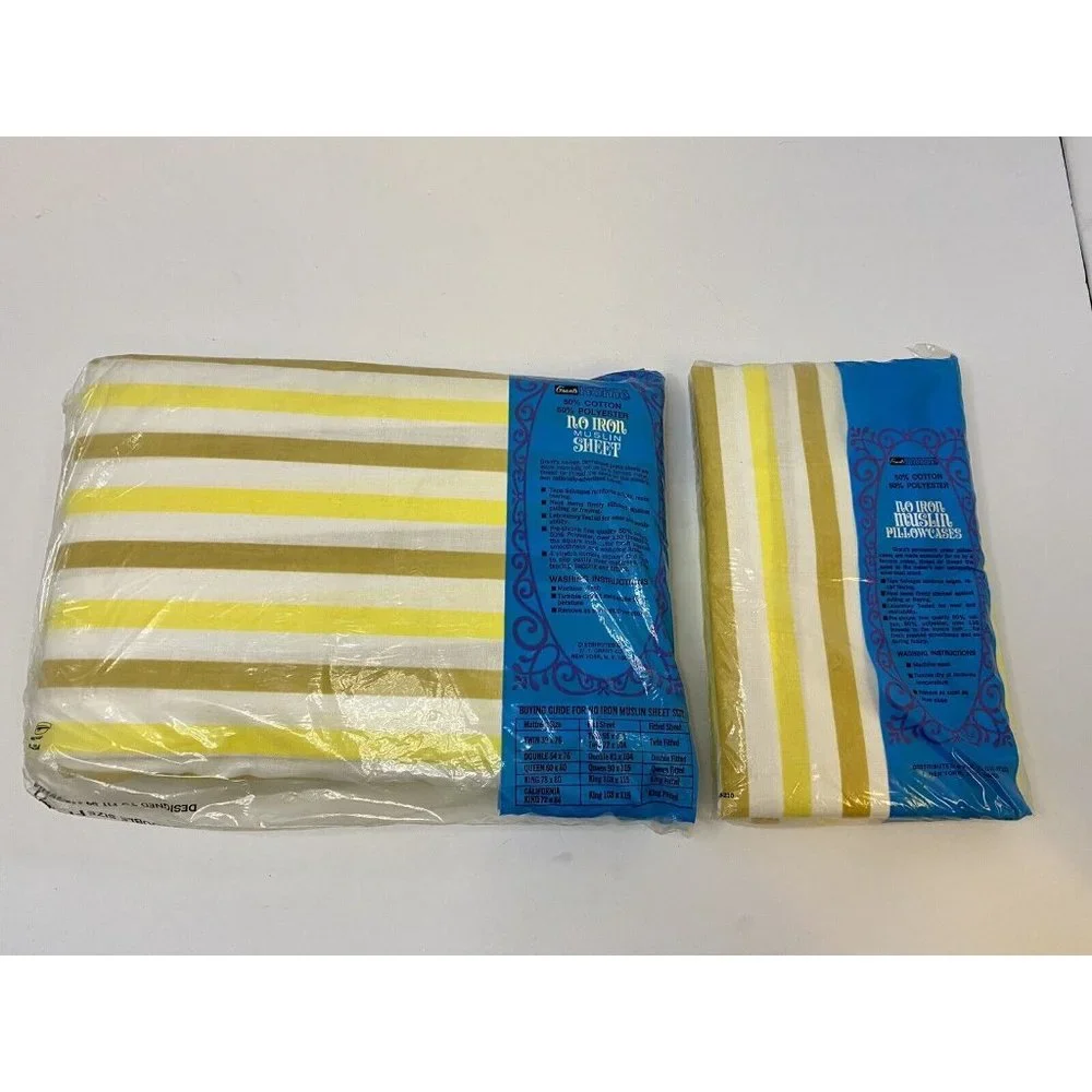 Grants No Iron Muslin Yellow Striped‎ Double Fitted Sheet & Standard Pillowcases